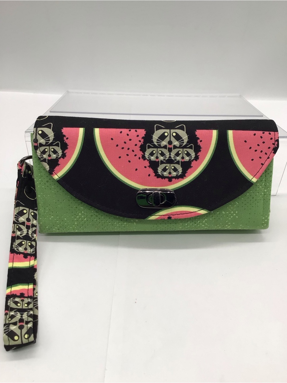Handcrafted Necessary Clutch Watermelon Moon Raccoon Print Wristlet